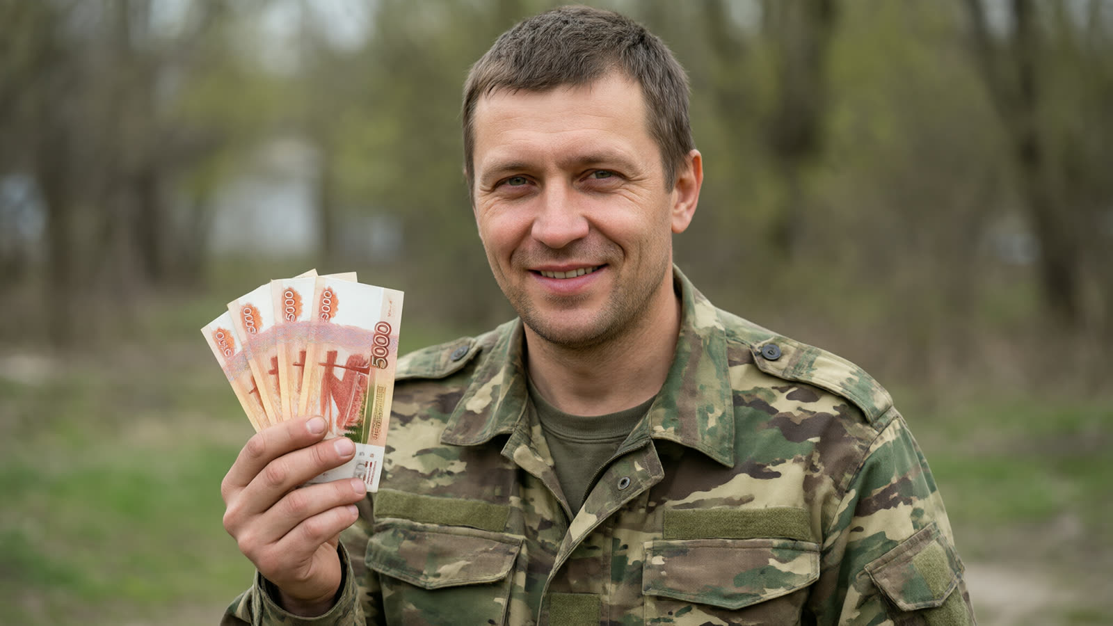 Мужчина в камуфляже держит пачки пятитысячных купюр